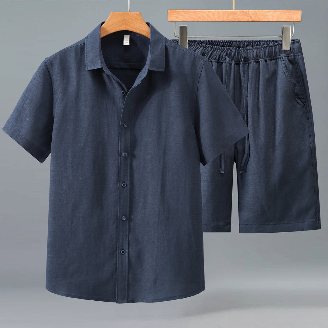 Tao One Tech™ • Yang Summer Business Flow Suit • Short-Sleeve Dress Shirt and Shorts Set • Sunscreen Layer • Tech Pockets • Cooling • Tencel Lyocell Linen • Men’s Sizes M-3XL