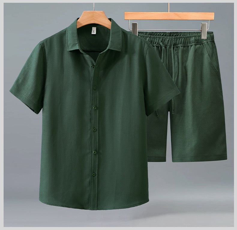 Tao One Tech™ • Yang Summer Business Flow Suit • Short-Sleeve Dress Shirt and Shorts Set • Sunscreen Layer • Tech Pockets • Cooling • Tencel Lyocell Linen • Men’s Sizes M-3XL