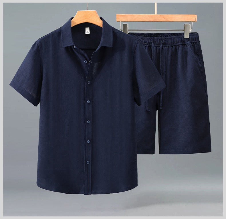 Tao One Tech™ • Yang Summer Business Flow Suit • Short-Sleeve Dress Shirt and Shorts Set • Sunscreen Layer • Tech Pockets • Cooling • Tencel Lyocell Linen • Men’s Sizes M-3XL