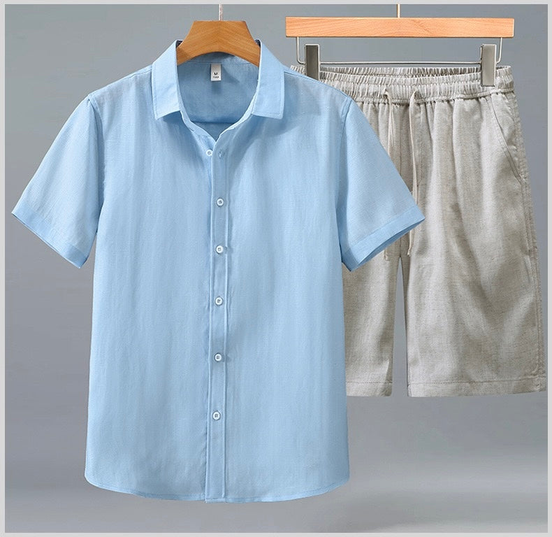 Tao One Tech™ • Yang Summer Business Flow Suit • Short-Sleeve Dress Shirt and Shorts Set • Sunscreen Layer • Tech Pockets • Cooling • Tencel Lyocell Linen • Men’s Sizes M-3XL