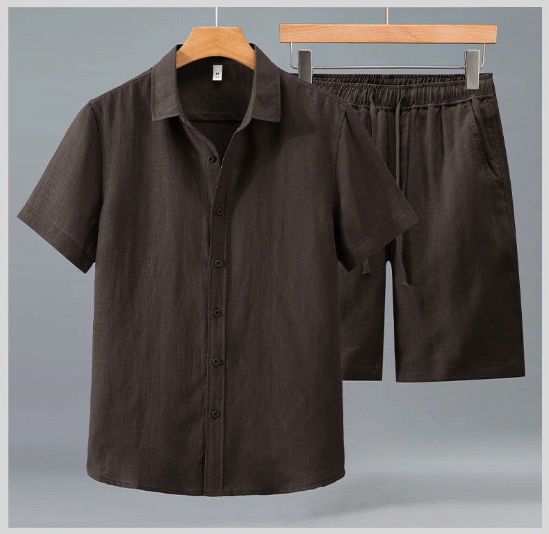 Tao One Tech™ • Yang Summer Business Flow Suit • Short-Sleeve Dress Shirt and Shorts Set • Sunscreen Layer • Tech Pockets • Cooling • Tencel Lyocell Linen • Men’s Sizes M-3XL