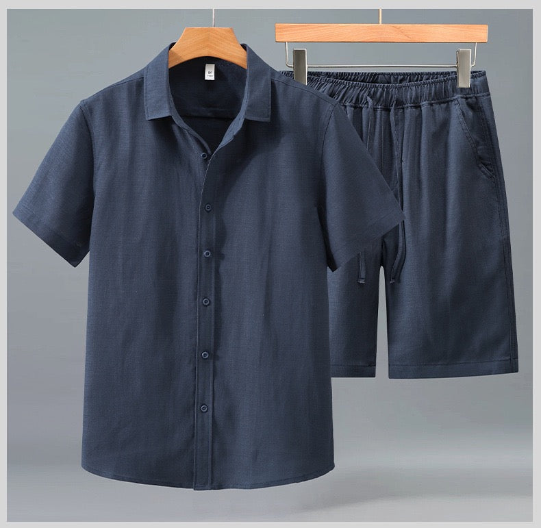 Tao One Tech™ • Yang Summer Business Flow Suit • Short-Sleeve Dress Shirt and Shorts Set • Sunscreen Layer • Tech Pockets • Cooling • Tencel Lyocell Linen • Men’s Sizes M-3XL
