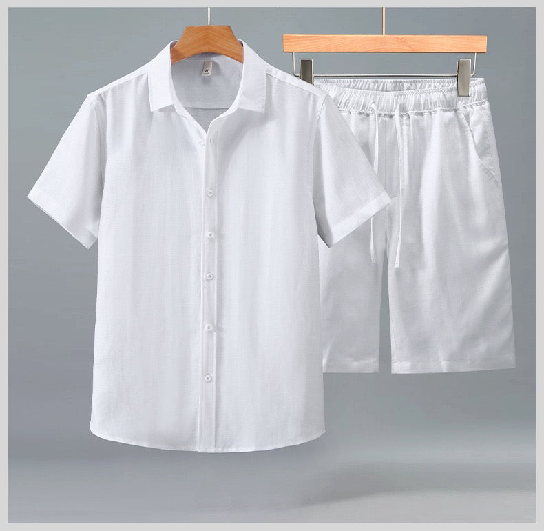 Tao One Tech™ • Yang Summer Business Flow Suit • Short-Sleeve Dress Shirt and Shorts Set • Sunscreen Layer • Tech Pockets • Cooling • Tencel Lyocell Linen • Men’s Sizes M-3XL