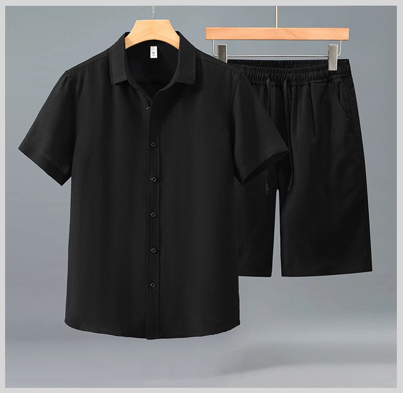 Tao One Tech™ • Yang Summer Business Flow Suit • Short-Sleeve Dress Shirt and Shorts Set • Sunscreen Layer • Tech Pockets • Cooling • Tencel Lyocell Linen • Men’s Sizes M-3XL