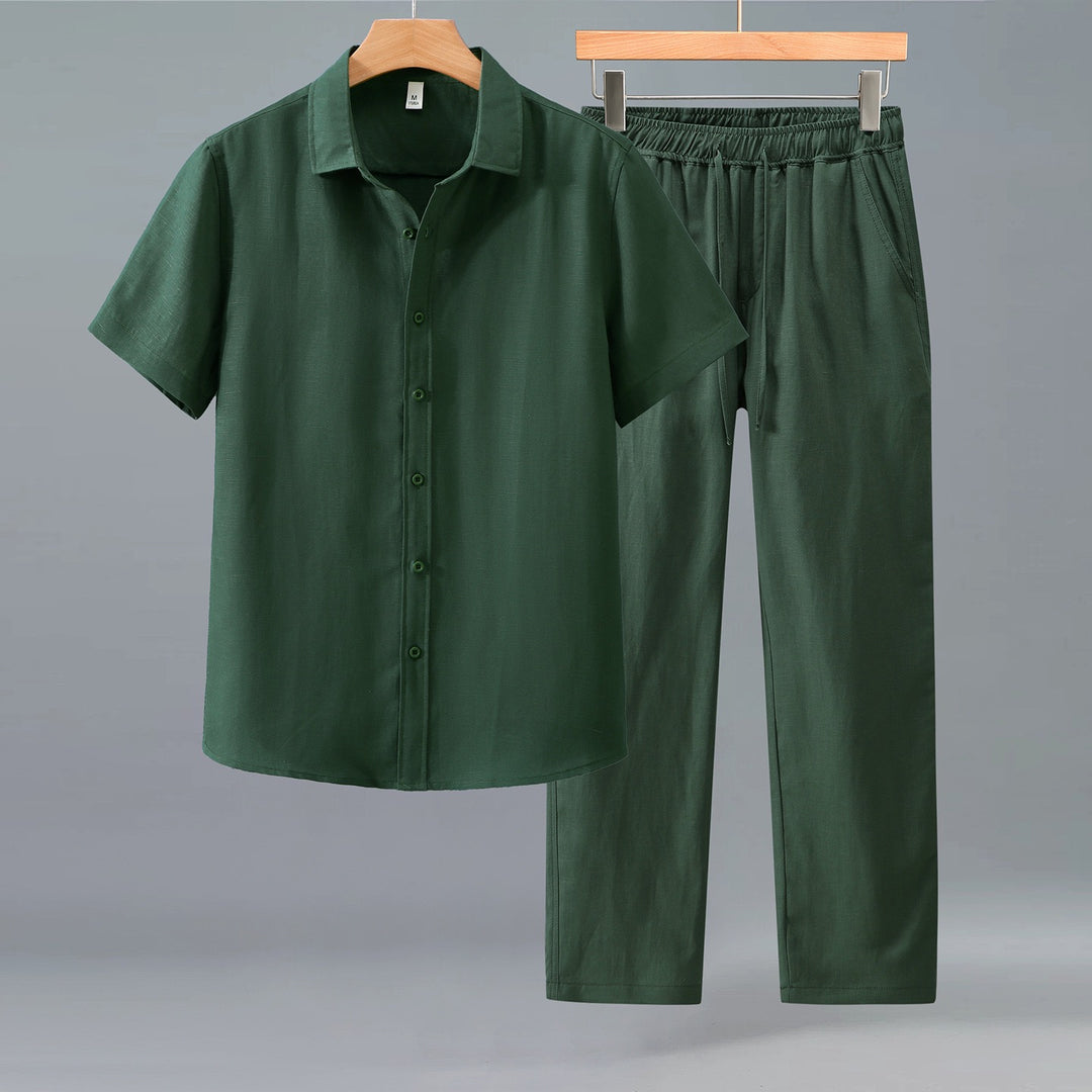 Tao One Tech™ • Yang Business Flow Suit • Short-Sleeve Dress Shirt and Pants Set • Sunscreen Layer • All Season Layering • Tech Pockets • Cooling • Tencel Lyocell Linen • Men’s Sizes M-3XL