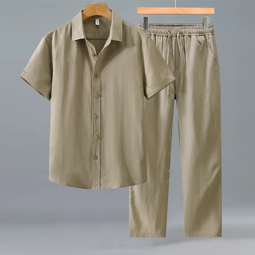 Tao One Tech™ • Yang Business Flow Suit • Short-Sleeve Dress Shirt and Pants Set • Sunscreen Layer • All Season Layering • Tech Pockets • Cooling • Tencel Lyocell Linen • Men’s Sizes M-3XL