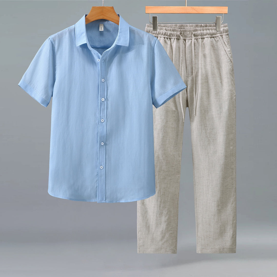 Tao One Tech™ • Yang Business Flow Suit • Short-Sleeve Dress Shirt and Pants Set • Sunscreen Layer • All Season Layering • Tech Pockets • Cooling • Tencel Lyocell Linen • Men’s Sizes M-3XL