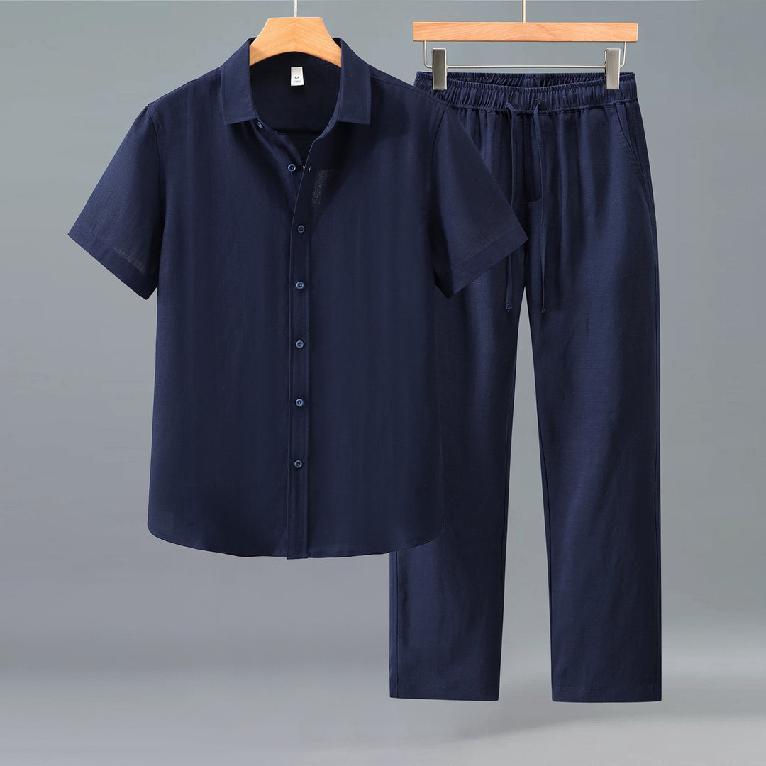 Tao One Tech™ • Yang Business Flow Suit • Short-Sleeve Dress Shirt and Pants Set • Sunscreen Layer • All Season Layering • Tech Pockets • Cooling • Tencel Lyocell Linen • Men’s Sizes M-3XL