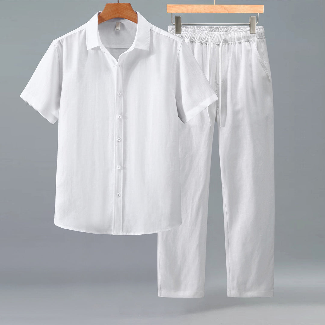 Tao One Tech™ • Yang Business Flow Suit • Short-Sleeve Dress Shirt and Pants Set • Sunscreen Layer • All Season Layering • Tech Pockets • Cooling • Tencel Lyocell Linen • Men’s Sizes M-3XL