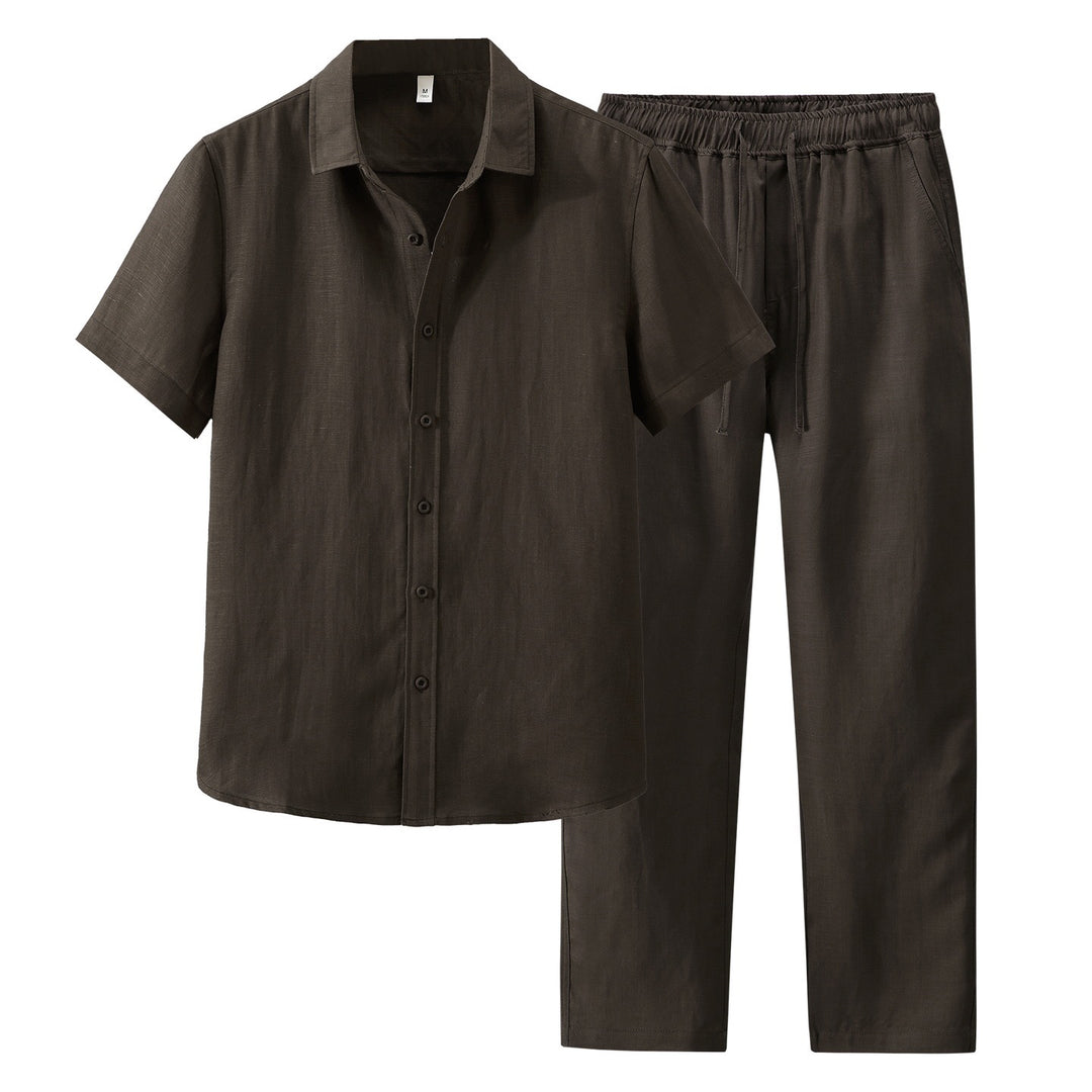 Tao One Tech™ • Yang Business Flow Suit • Short-Sleeve Dress Shirt and Pants Set • Sunscreen Layer • All Season Layering • Tech Pockets • Cooling • Tencel Lyocell Linen • Men’s Sizes M-3XL