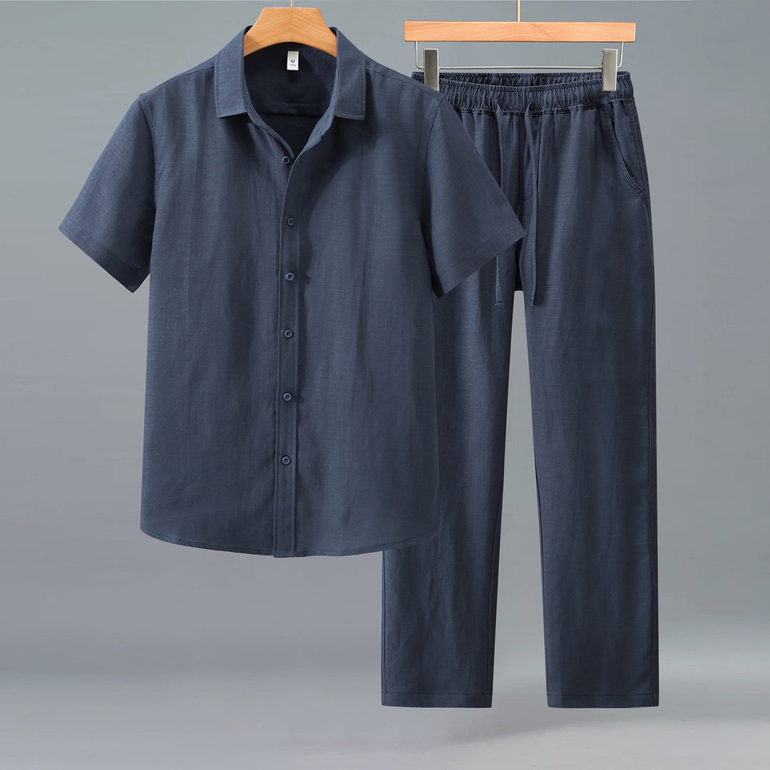 Tao One Tech™ • Yang Business Flow Suit • Short-Sleeve Dress Shirt and Pants Set • Sunscreen Layer • All Season Layering • Tech Pockets • Cooling • Tencel Lyocell Linen • Men’s Sizes M-3XL