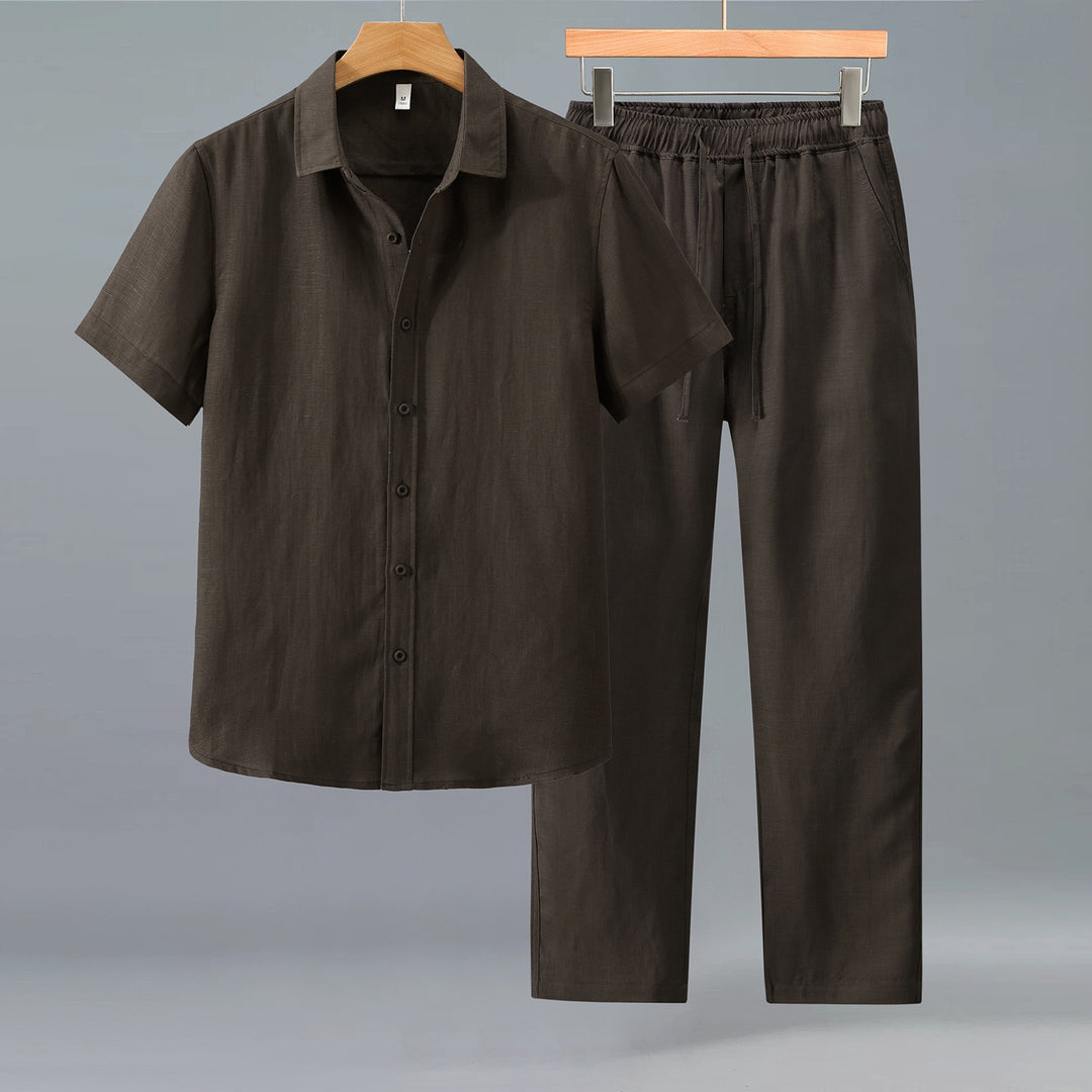 Tao One Tech™ • Yang Business Flow Suit • Short-Sleeve Dress Shirt and Pants Set • Sunscreen Layer • All Season Layering • Tech Pockets • Cooling • Tencel Lyocell Linen • Men’s Sizes M-3XL