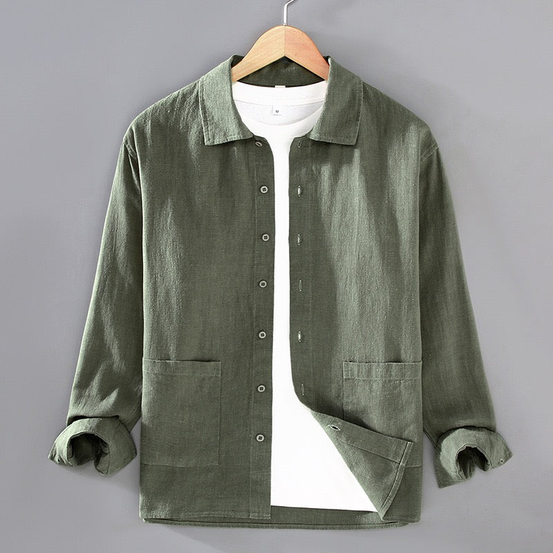 Tao One Tech™ • Yang Business Flow Shirt Jacket • Tech Pockets • Sunscreen Layer • All Season Layering • Naturally Wrinkle-Free • Ramie Cotton • Men’s Sizes M-3XL