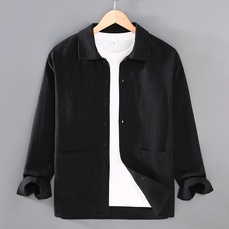 Tao One Tech™ • Yang Business Flow Shirt Jacket • Tech Pockets • Sunscreen Layer • All Season Layering • Naturally Wrinkle-Free • Ramie Cotton • Men’s Sizes M-3XL