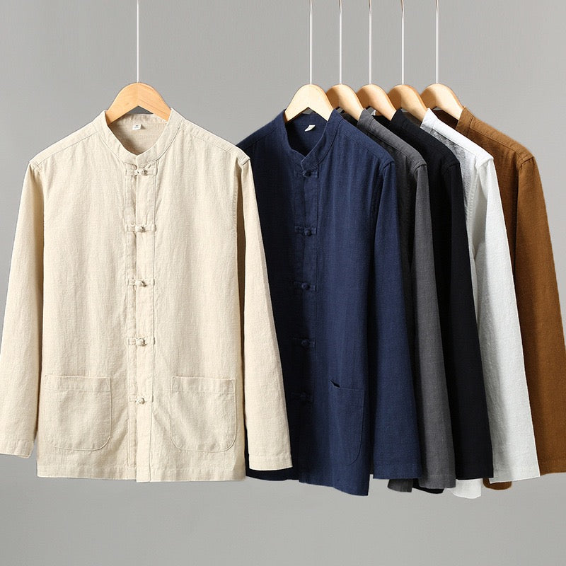 Tao One Tech™ • Heaven &amp; Earth Business Qigong Shirt Jacket • Tech Pockets • Sunscreen Layer • All Season Layering • Naturally Wrinkle-Free • Ramie Cotton • Men’s Sizes M-3XL