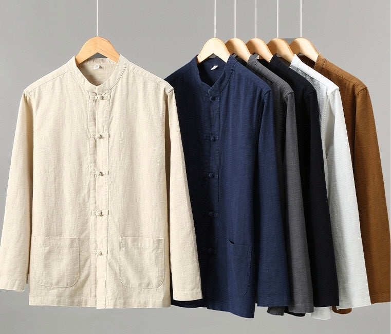 Tao One Tech™ • Heaven &amp; Earth Business Qigong Shirt Jacket • Tech Pockets • Sunscreen Layer • All Season Layering • Naturally Wrinkle-Free • Ramie Cotton • Men’s Sizes M-3XL
