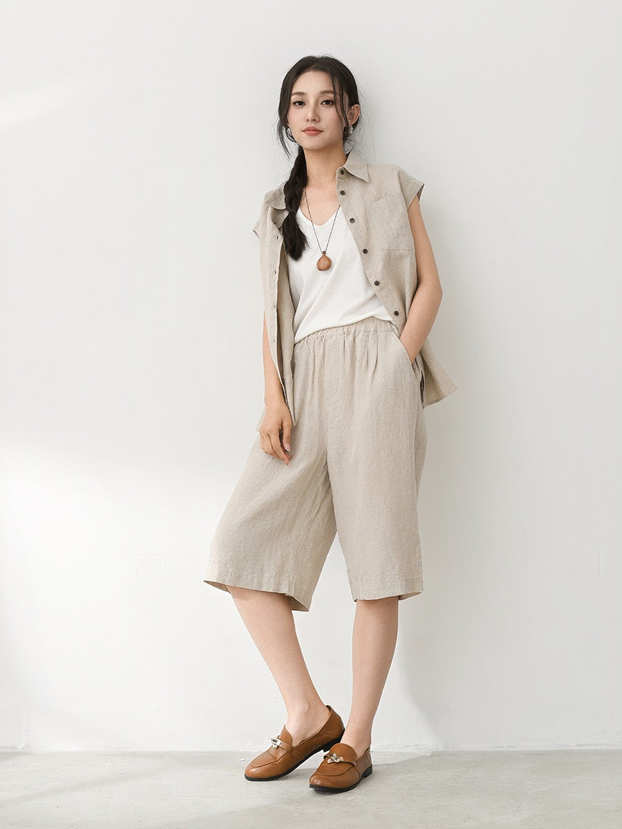 Tao One Tech™ • Business Qigong Midi Shorts • Wide-Leg Shorts • High Waist • Tech Pockets • Ramie Cotton • Sizes M-XXL