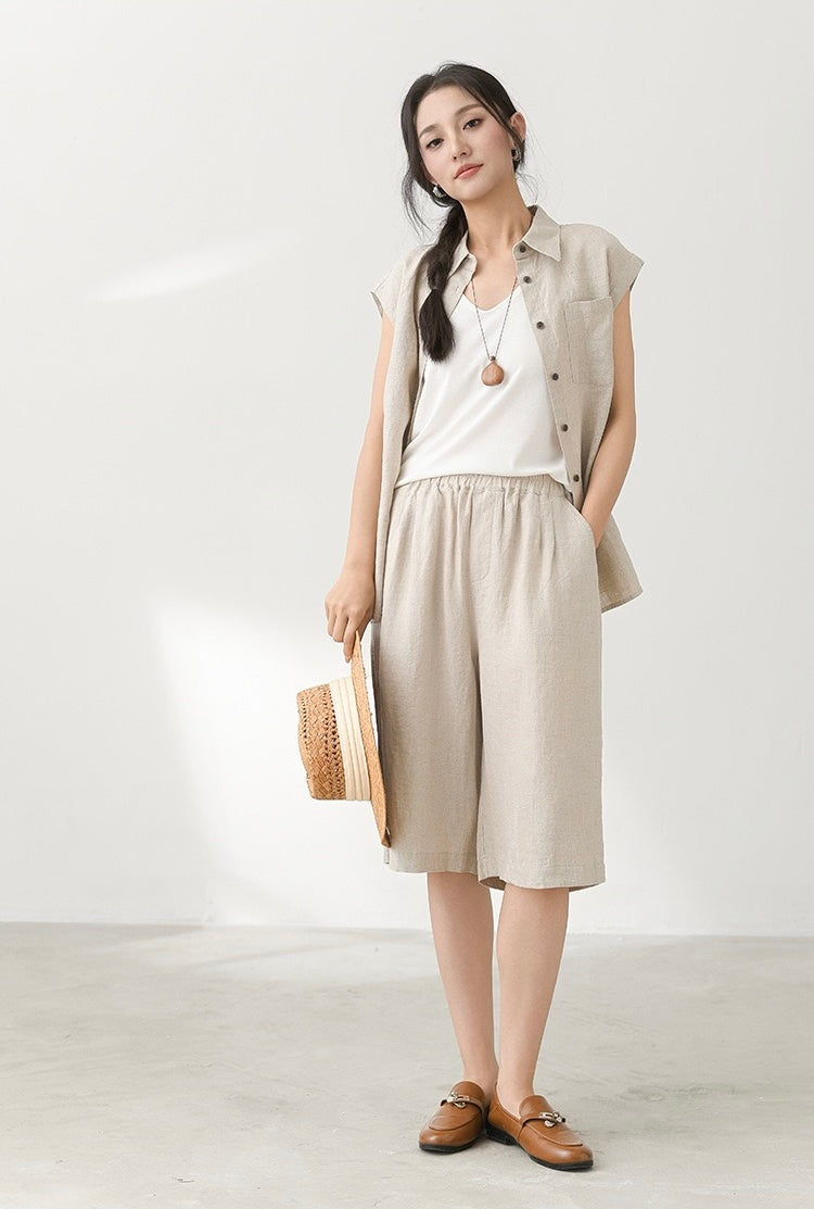 Tao One Tech™ • Business Qigong Midi Shorts • Wide-Leg Shorts • High Waist • Tech Pockets • Ramie Cotton • Sizes M-XXL