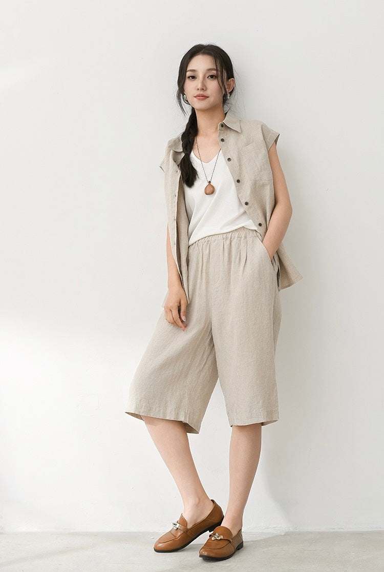 Tao One Tech™ • Business Qigong Midi Shorts • Wide-Leg Shorts • High Waist • Tech Pockets • Ramie Cotton • Sizes M-XXL