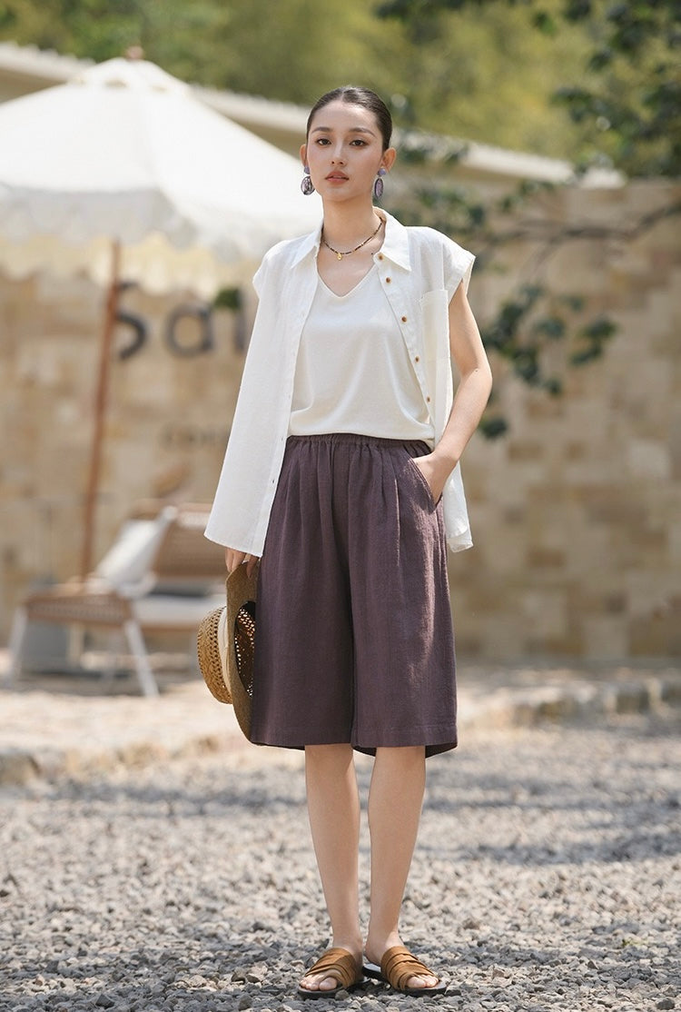Tao One Tech™ • Business Qigong Midi Shorts • Wide-Leg Shorts • High Waist • Tech Pockets • Ramie Cotton • Sizes M-XXL