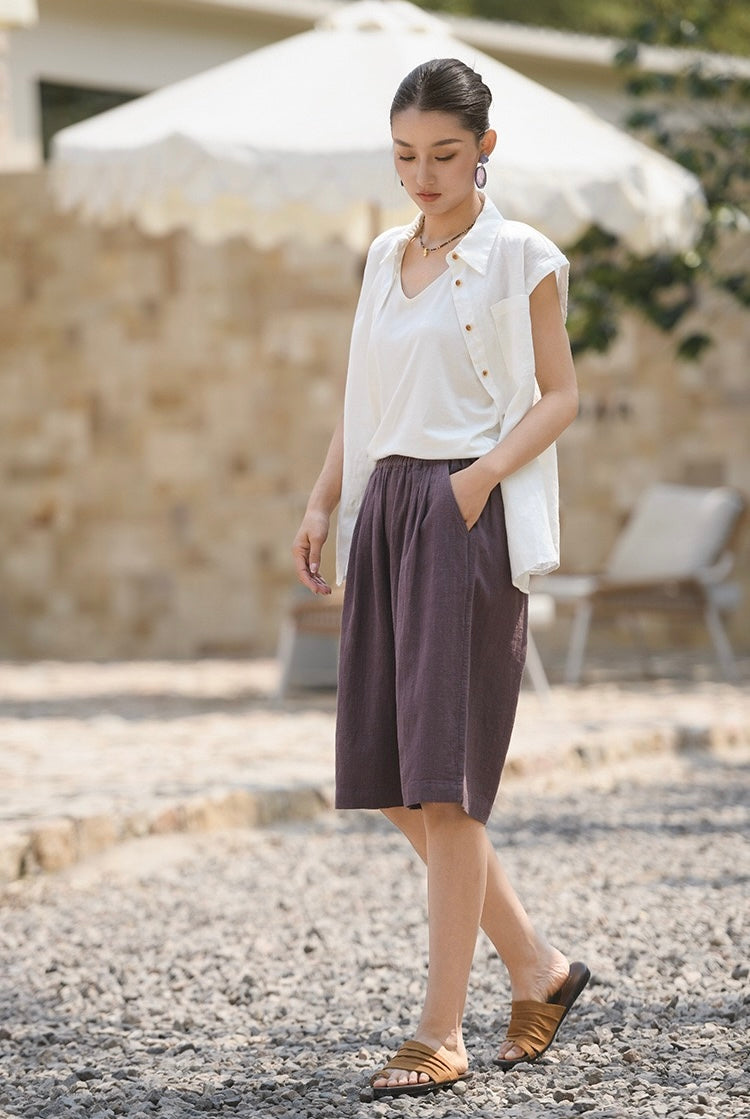 Tao One Tech™ • Business Qigong Midi Shorts • Wide-Leg Shorts • High Waist • Tech Pockets • Ramie Cotton • Sizes M-XXL