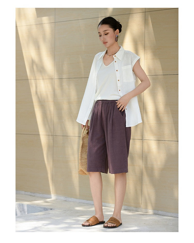Tao One Tech™ • Business Qigong Midi Shorts • Wide-Leg Shorts • High Waist • Tech Pockets • Ramie Cotton • Sizes M-XXL