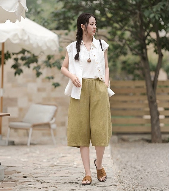 Tao One Tech™ • Flowy Qigong Business Midi Shorts • Wide-Leg Shorts • High Waist • Tech Pockets • Ramie Cotton • Sizes M-XXL