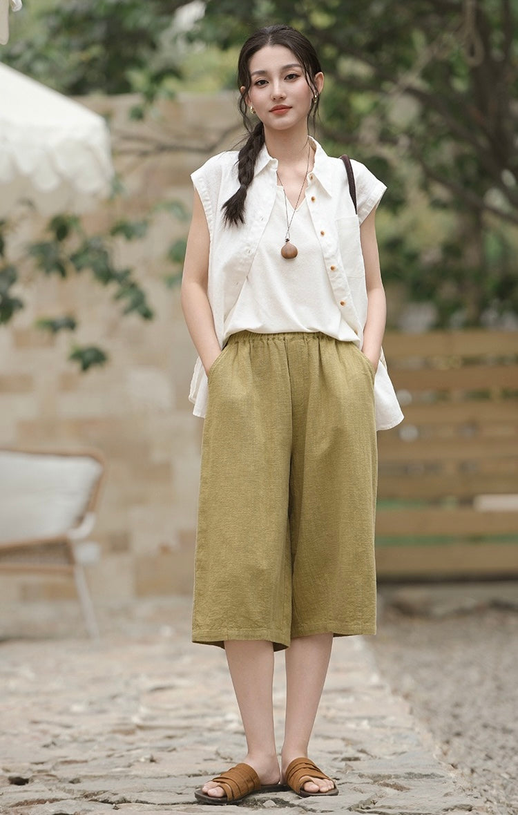 Tao One Tech™ • Flowy Qigong Business Midi Shorts • Wide-Leg Shorts • High Waist • Tech Pockets • Ramie Cotton • Sizes M-XXL