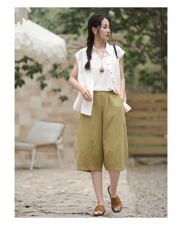 Tao One Tech™ • Flowy Qigong Business Midi Shorts • Wide-Leg Shorts • High Waist • Tech Pockets • Ramie Cotton • Sizes M-XXL