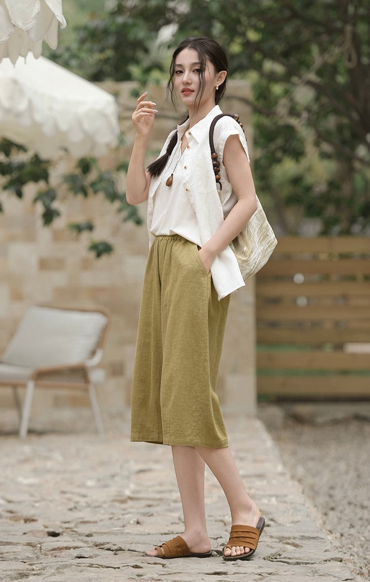 Tao One Tech™ • Flowy Qigong Business Midi Shorts • Wide-Leg Shorts • High Waist • Tech Pockets • Ramie Cotton • Sizes M-XXL