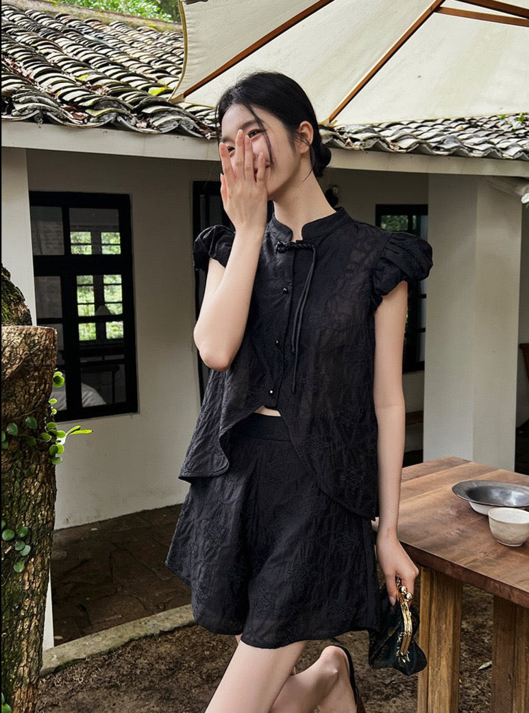 The Dao 道 of Zen Elegance Lace Suit • Floral Lace with Zen Buckle • 2-Piece Set of Top and Pants • Elegant Water Sleeves • Flowy Qi, Breathable, Cooling • Tencel Lyocell Blend • Recycled Materials