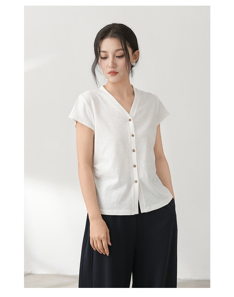 Tao One Tech™ • Business Qigong V-Neck Cardigan T-Shirt • Thin Knit Top • Hemp Cotton • Sizes M-XXL
