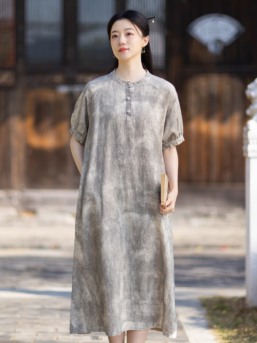 Tao One Tech™ • Qigong Elegance Dress • A-Line • Bubble Sleeves • Sunscreen Layer • Ramie Cotton