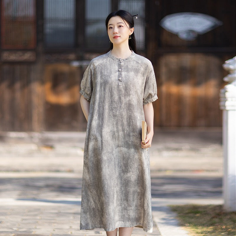 Tao One Tech™ • Qigong Elegance Dress • A-Line • Bubble Sleeves • Sunscreen Layer • Ramie Cotton