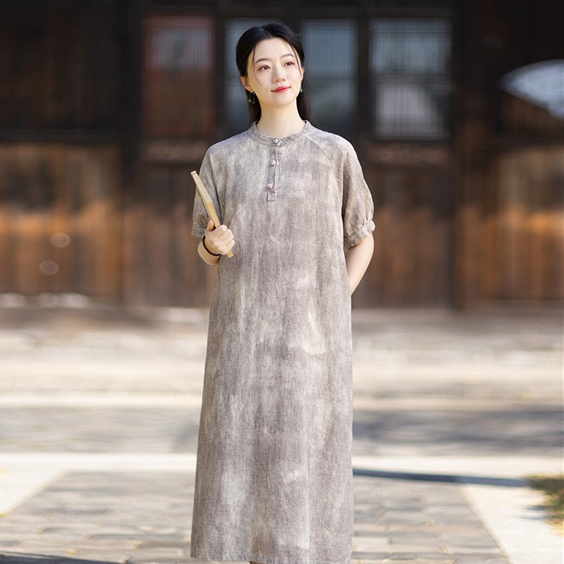 Tao One Tech™ • Qigong Elegance Dress • A-Line • Bubble Sleeves • Sunscreen Layer • Ramie Cotton