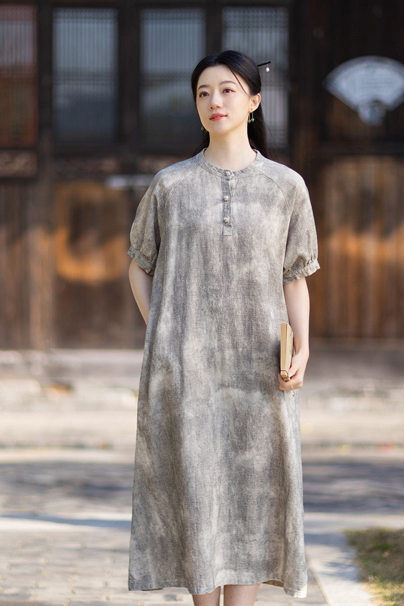 Tao One Tech™ • Qigong Elegance Dress • A-Line • Bubble Sleeves • Sunscreen Layer • Ramie Cotton