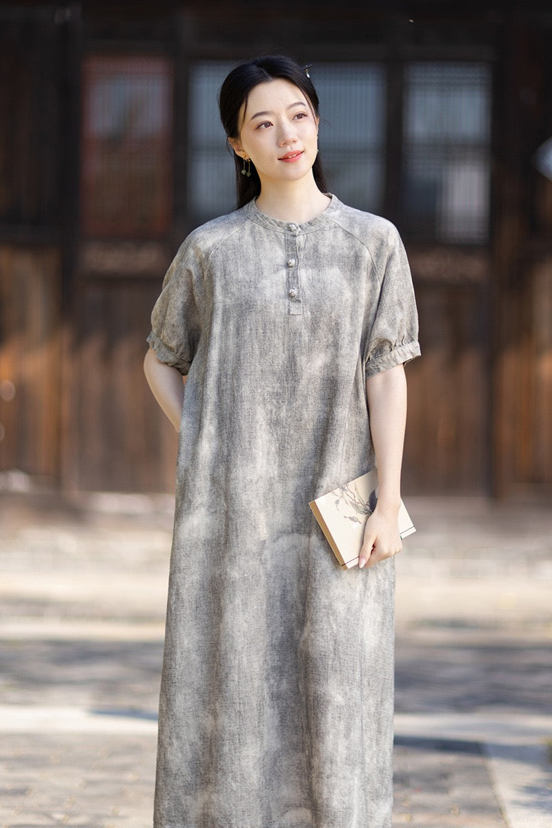 Tao One Tech™ • Qigong Elegance Dress • A-Line • Bubble Sleeves • Sunscreen Layer • Ramie Cotton