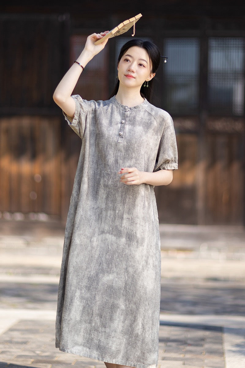 Tao One Tech™ • Qigong Elegance Dress • A-Line • Bubble Sleeves • Sunscreen Layer • Ramie Cotton
