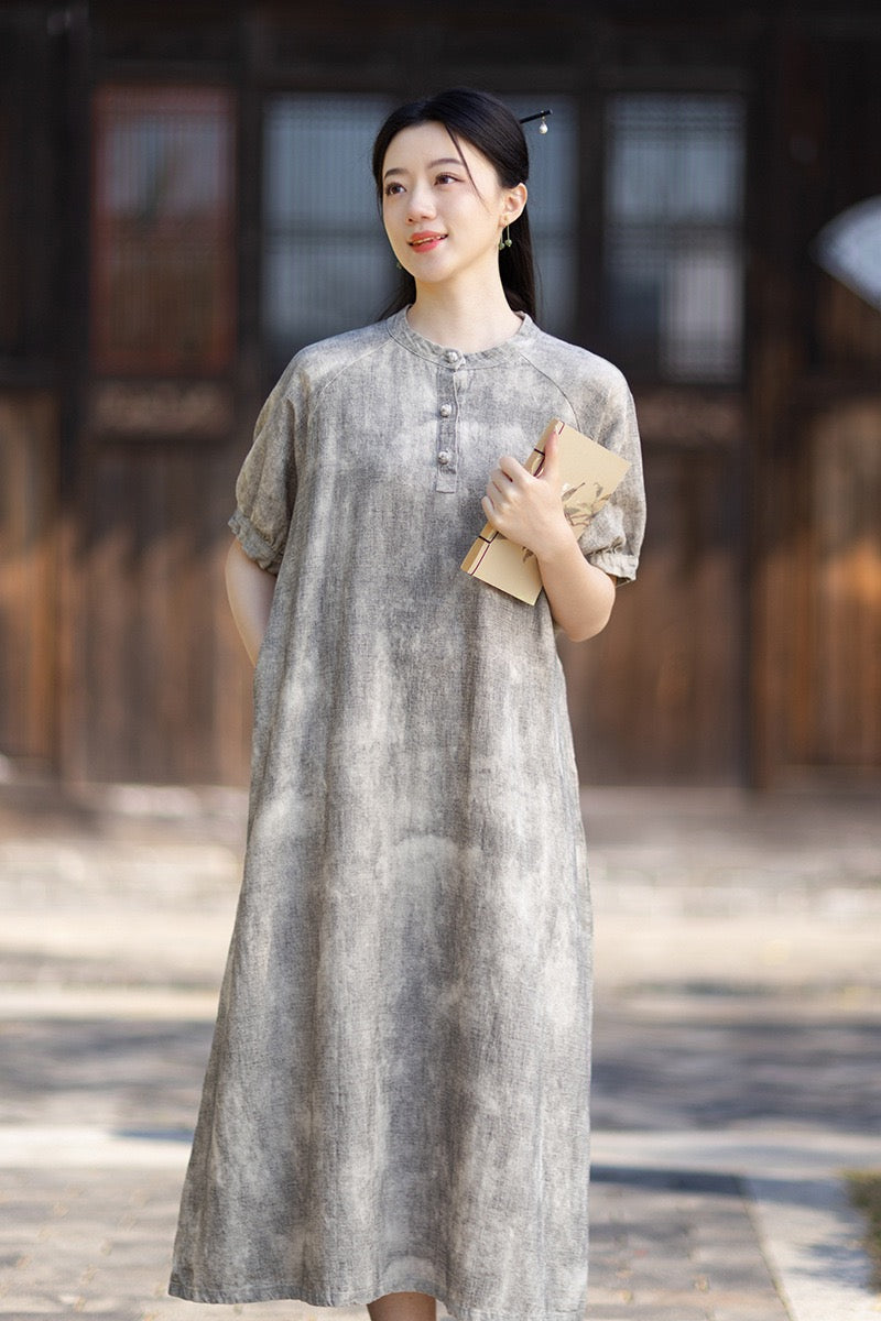 Tao One Tech™ • Qigong Elegance Dress • A-Line • Bubble Sleeves • Sunscreen Layer • Ramie Cotton