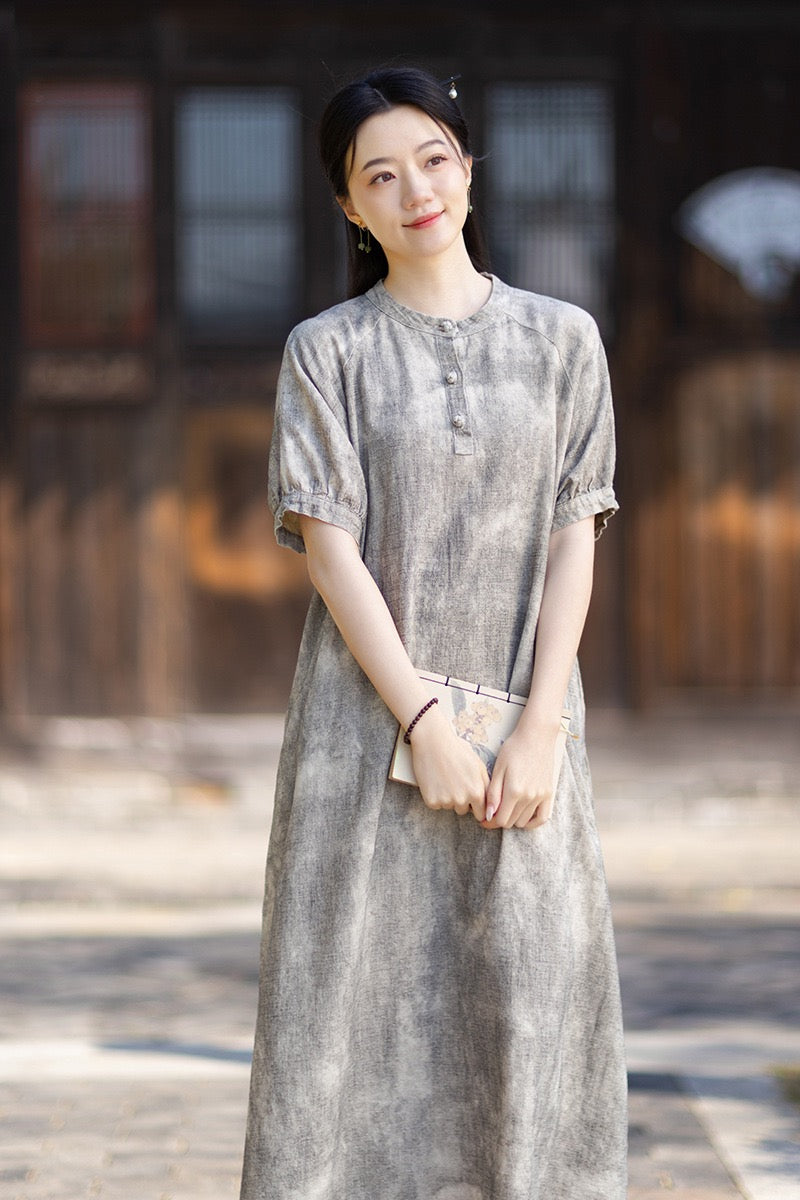 Tao One Tech™ • Qigong Elegance Dress • A-Line • Bubble Sleeves • Sunscreen Layer • Ramie Cotton