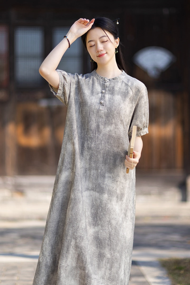 Tao One Tech™ • Qigong Elegance Dress • A-Line • Bubble Sleeves • Sunscreen Layer • Ramie Cotton