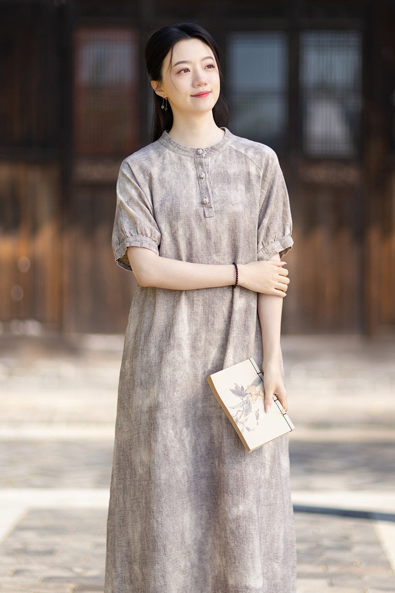 Tao One Tech™ • Qigong Elegance Dress • A-Line • Bubble Sleeves • Sunscreen Layer • Ramie Cotton