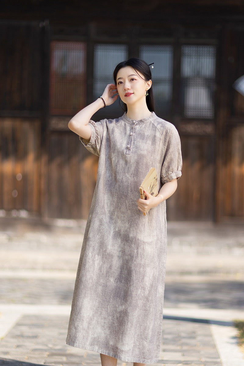Tao One Tech™ • Qigong Elegance Dress • A-Line • Bubble Sleeves • Sunscreen Layer • Ramie Cotton