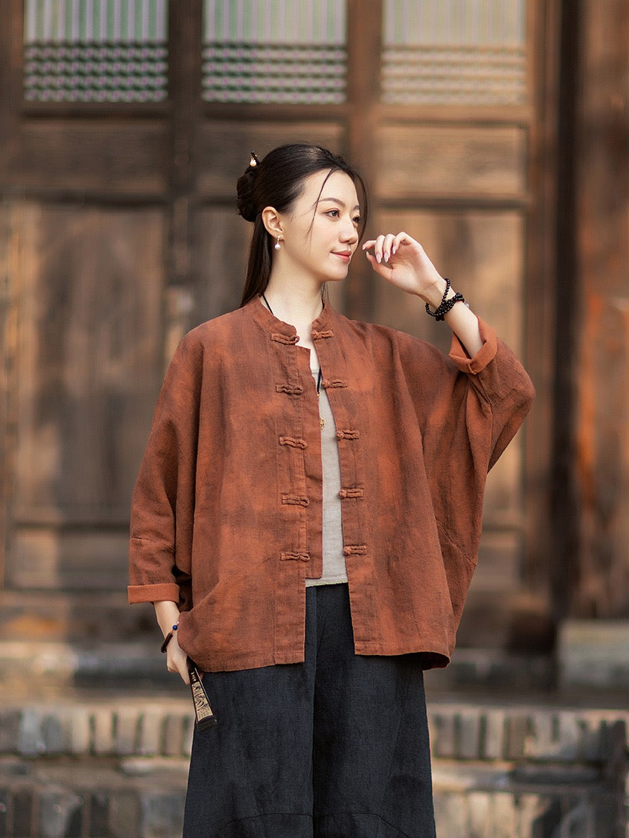 Tao One Tech™ • Watercolour Qigong Cardigan Shirt Jacket • Tie-Dye • Butterfly Bat Sleeves • Ramie Cotton