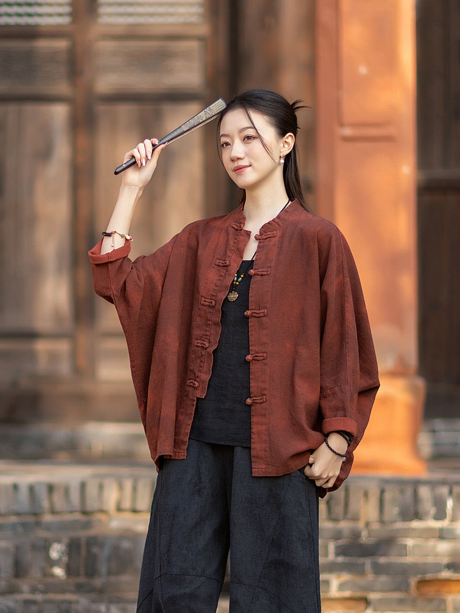 Tao One Tech™ • Watercolour Qigong Cardigan Shirt Jacket • Tie-Dye • Butterfly Bat Sleeves • Ramie Cotton