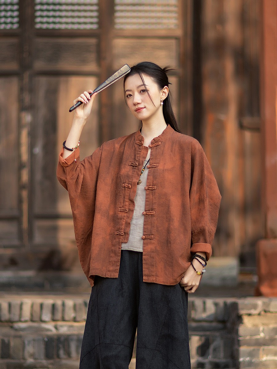 Tao One Tech™ • Watercolour Qigong Cardigan Shirt Jacket • Tie-Dye • Butterfly Bat Sleeves • Ramie Cotton