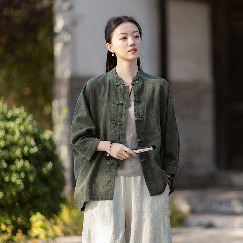 Tao One Tech™ • Watercolour Qigong Cardigan Shirt Jacket • Tie-Dye • Butterfly Bat Sleeves • Ramie Cotton