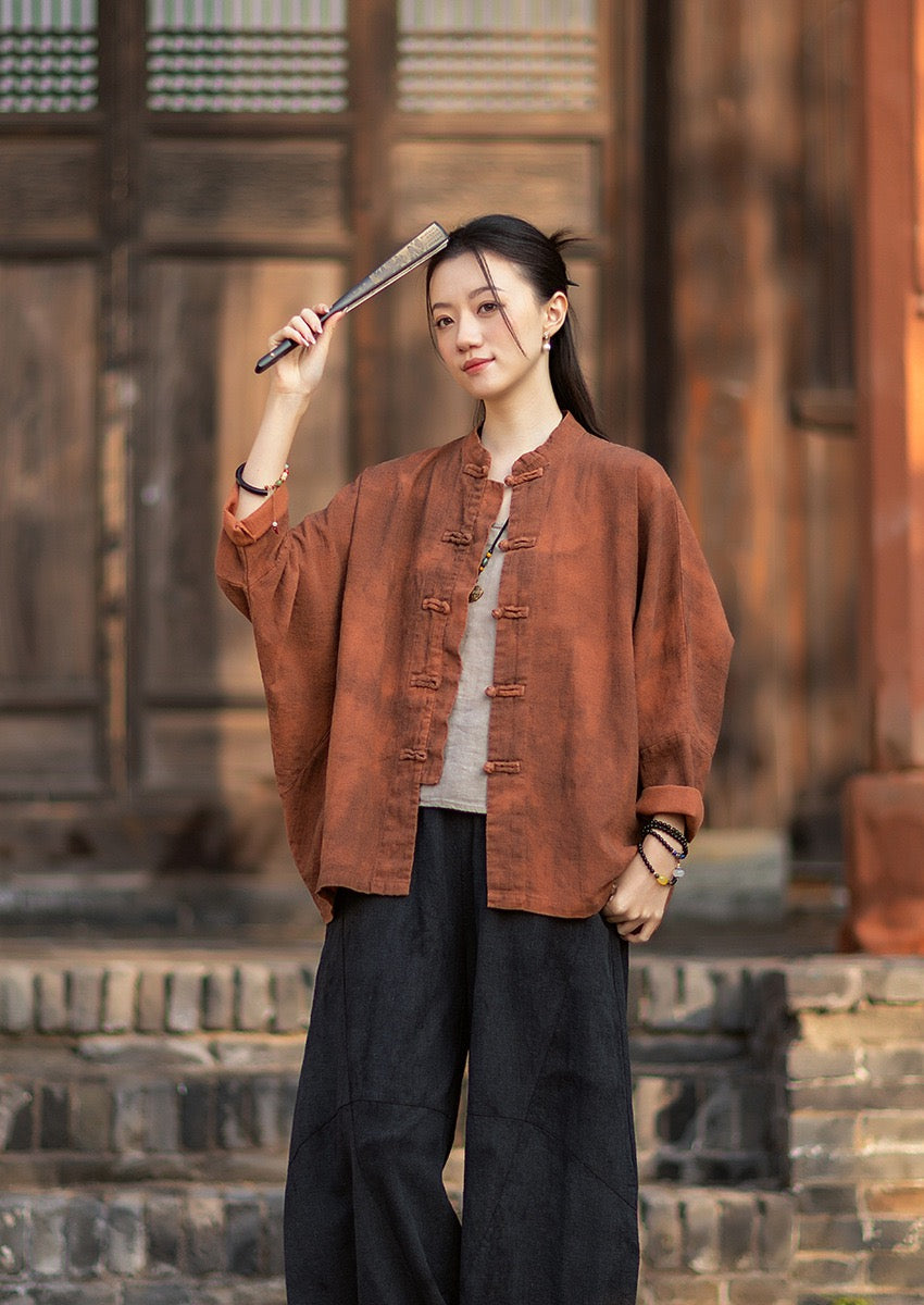 Tao One Tech™ • Watercolour Qigong Cardigan Shirt Jacket • Tie-Dye • Butterfly Bat Sleeves • Ramie Cotton