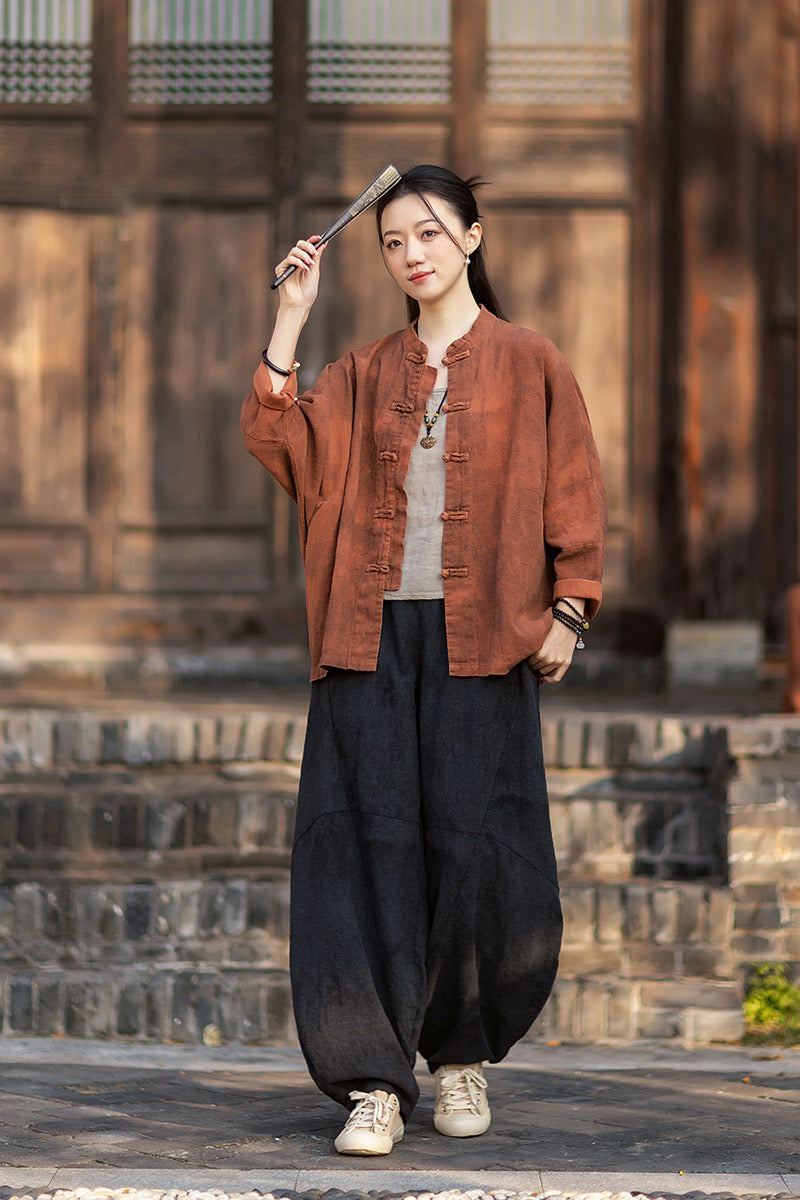 Tao One Tech™ • Watercolour Qigong Cardigan Shirt Jacket • Tie-Dye • Butterfly Bat Sleeves • Ramie Cotton