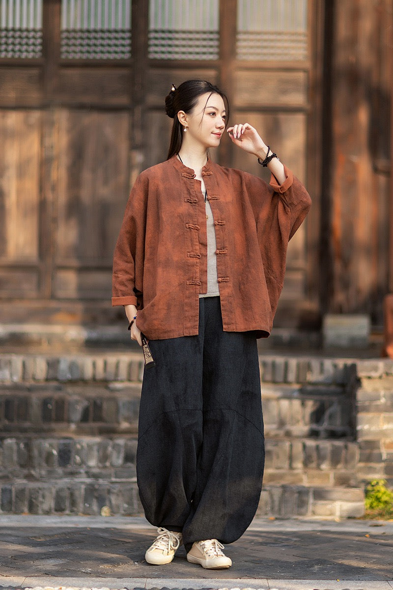 Tao One Tech™ • Watercolour Qigong Cardigan Shirt Jacket • Tie-Dye • Butterfly Bat Sleeves • Ramie Cotton